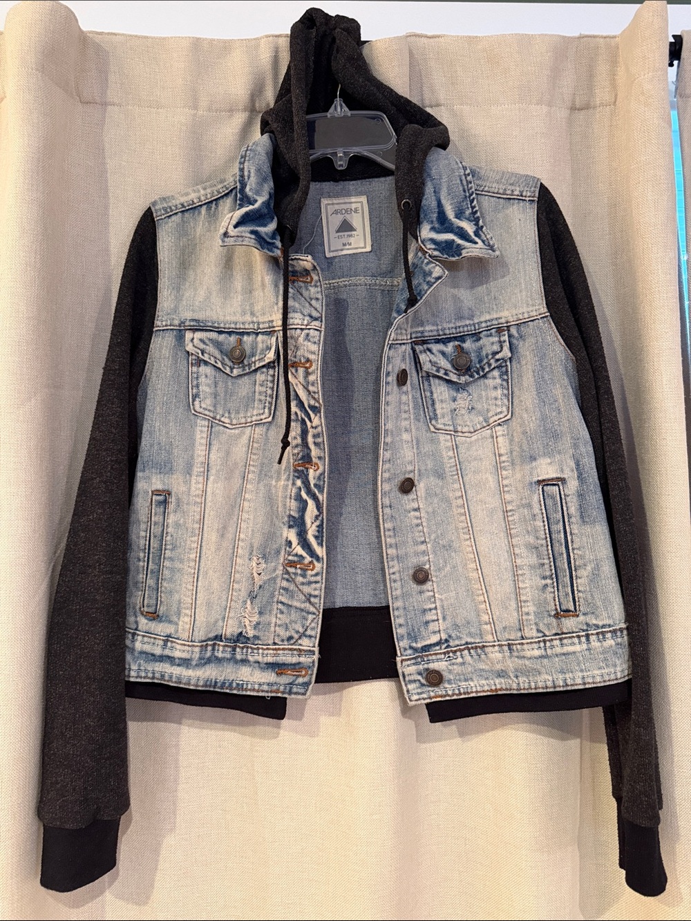 Ardene Light Blue Denim Jacket with Black Knit Hoodie Sleeves